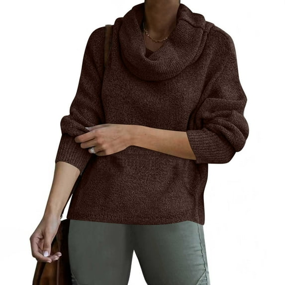SDNall Long Sweaters for Women, Pullover Sweaters for Women, Knitted Sweaters for Women, Womens High Neck Solid Color Knitted Sweater Fashionable Pullover Lantern Loose Long Sleeved Casual Sweater