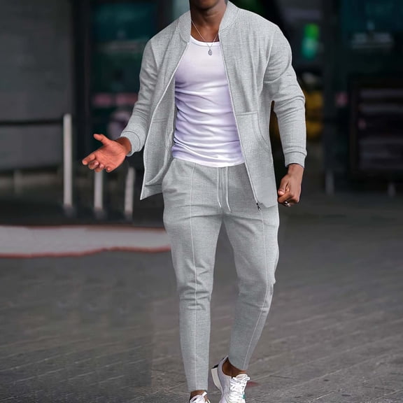 SDNall Man Fashion Leisure Solid Color Pocket Zipper Long Sleeved Trousers Suit