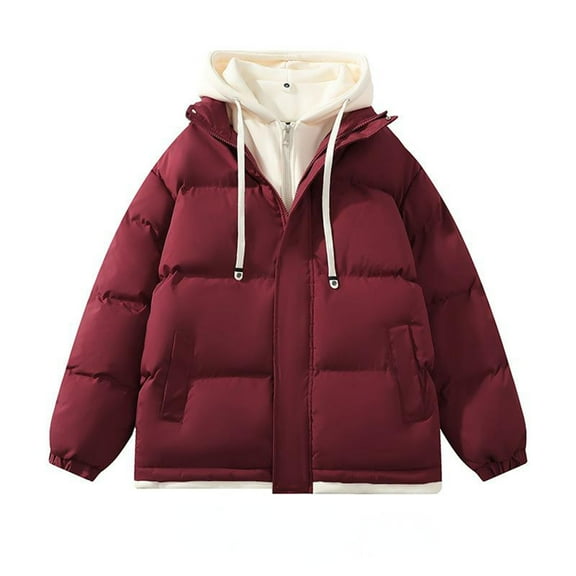 SDNall Man Solid Color Fake Two Hooded Drawstring Pockets Large Size Coat Cotton-Padded Clothes