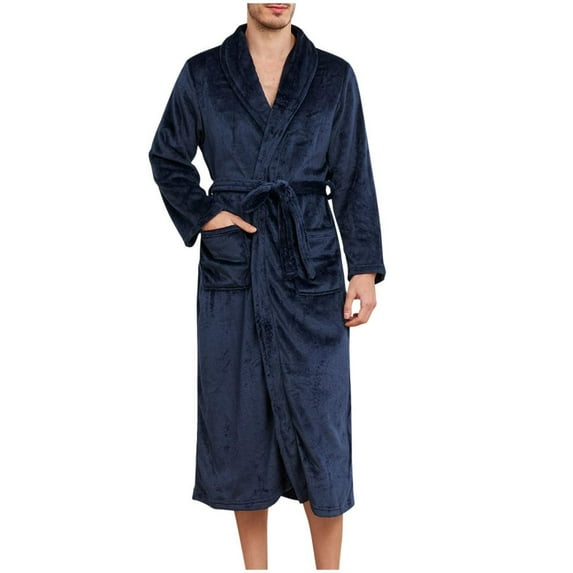 SDNall Men Bathrobe Plus Size Solid Color with Pockets Binding Long Sleeves Pajama Robes Men's Robe with Pockets - Casual Solid Color Bathrobe for Men (Navy,Sizes：S-XL)