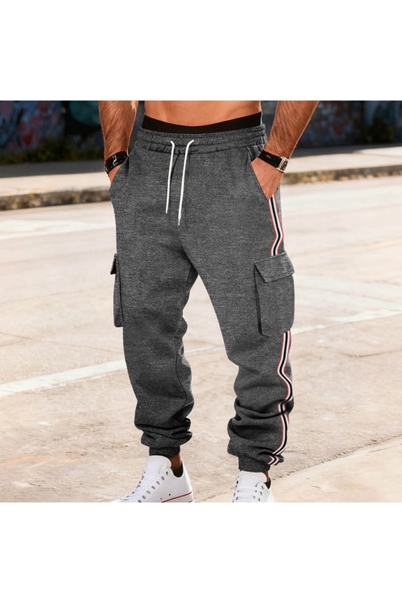 Men's Casual Pants with Elastic Waistband, Loose Fit Work and Sport Pants for Daily Wear, Flexible Polyester Fabric with Drawstring and Pockets