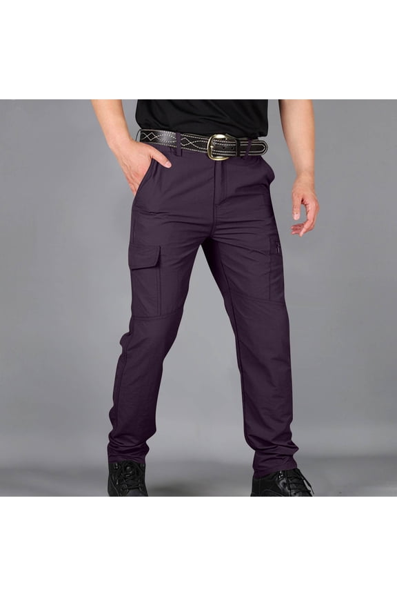 Men's Casual Pants with Elastic Waist, Multi-Pocket Sport Trousers for Outdoor and Daily Wear, Comfortable Linen Polyester Blend