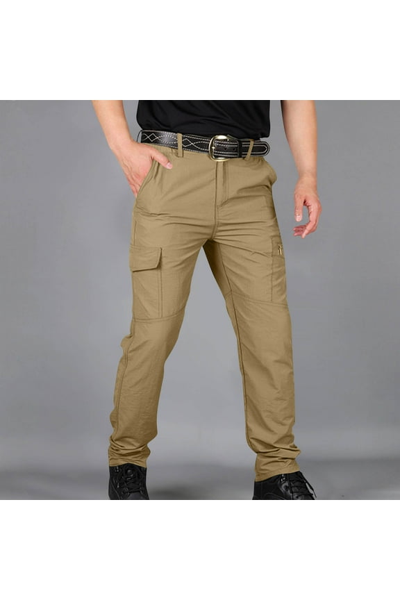 Men's Casual Pants with Elastic Waist, Multi-Pocket Sport Trousers for Outdoor and Daily Wear, Comfortable Linen Polyester Blend