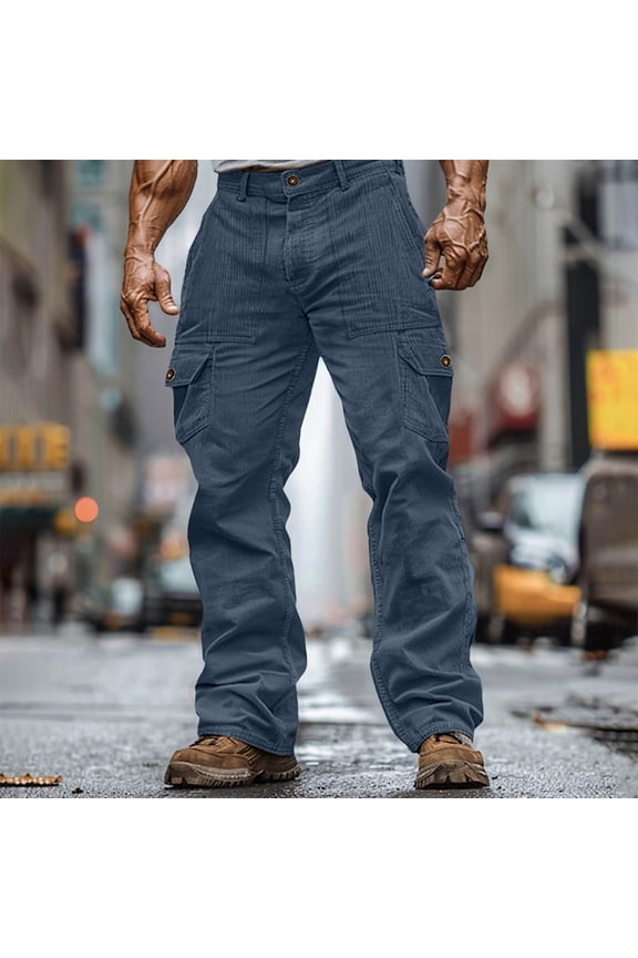 Men's Corduroy Casual Pants, Solid Color Button Fly Chino with Pockets for Everyday Wear