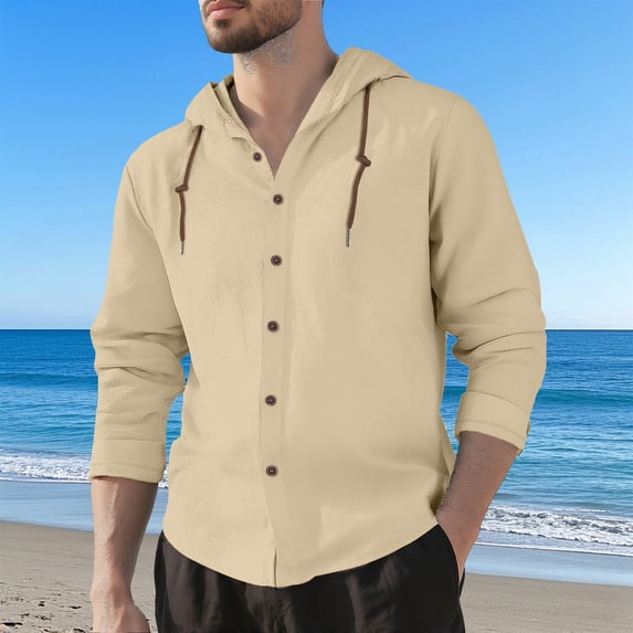 SDNall Men's Hooded Shirt Jacket, Casual Long Sleeve Outdoor Button Up Blouse with Solid Print for Sports and Daily Wear