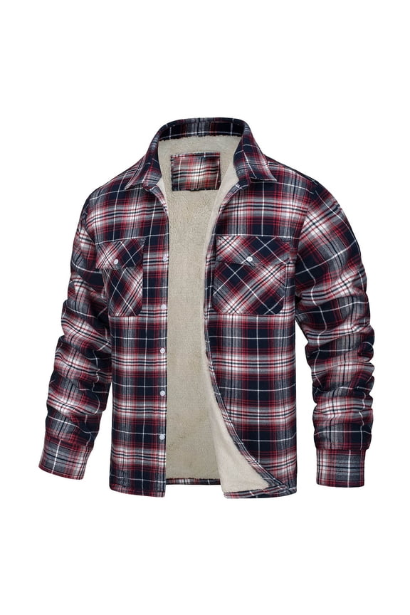 Men's Plaid Button Jacket with Fleece Lining, Long Sleeve Flannel Shirt Jacket for Casual Winter