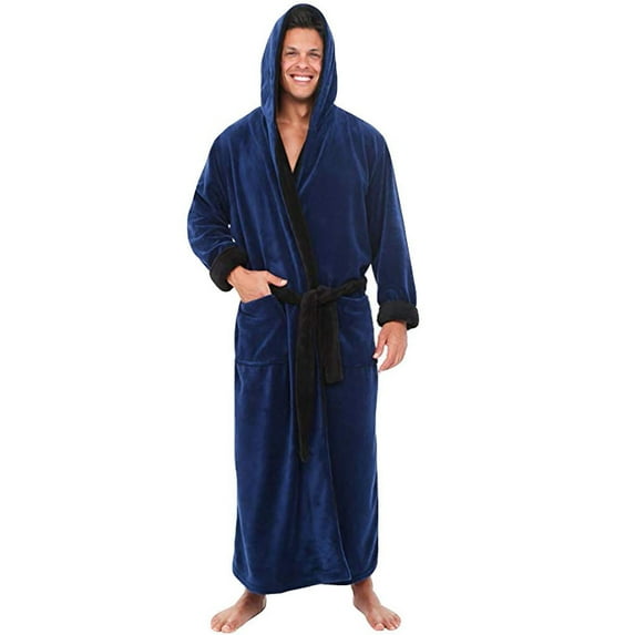 SDNall Men‘s Plush Velvet Long Hooded Bathrobe, Color Blocked Design with Belt & Pockets, Winter Sleepwear Robe