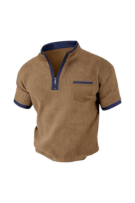 Men‘s Short Sleeve Shirt, Casual Stand Collar Pullover Top with Button Placket and Waffle Texture, Comfortable Patchwork Casual Blouse for Daily Outdoor Wear