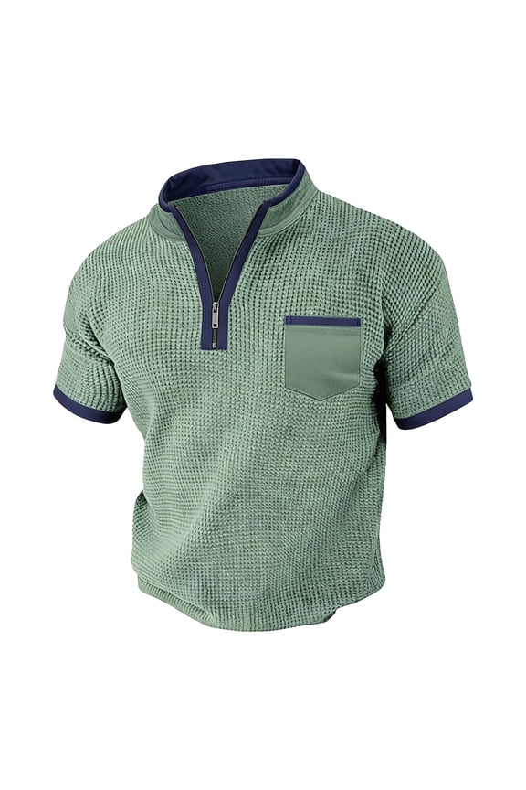 Men‘s Short Sleeve Shirt, Casual Stand Collar Pullover Top with Button Placket and Waffle Texture, Comfortable Patchwork Casual Blouse for Daily Outdoor Wear