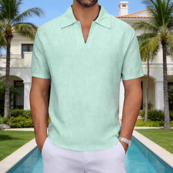 SDNall Men's Short Sleeve Shirt, Casual Striped Shirt for Resort Wear, Comfortable V-Neck Top with Breathable Fabric for Casual and Beach Occasions