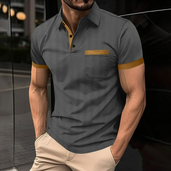 SDNall Men's Short Sleeve Shirts Casual, Summer Knit Shirt with Color Block Design & Chest Pocket, Breathable Comfort for Outdoor and Daily Wear