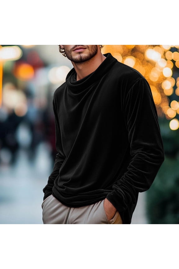 Men's Solid Color Velvet Long Sleeve Turtleneck, Stretch High Neck Top for Casual Wear