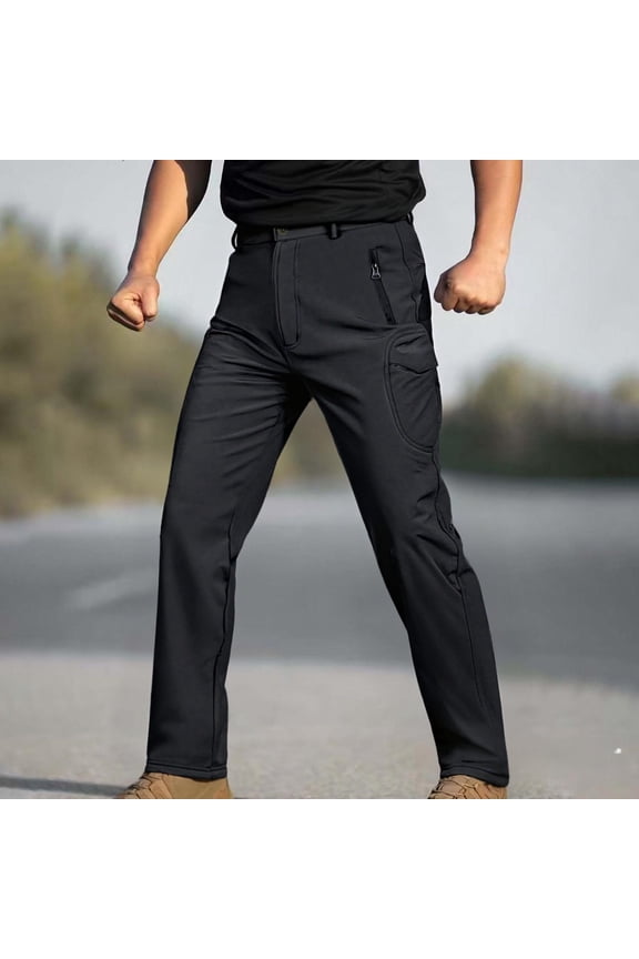 Men‘s Water-Resistant Softshell Pants with Fleece Lining, Winter Hiking Cargo Pants Warm Waterproof Outdoor