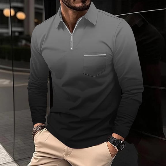 SDNall Mens Casual Gradient Printed Zipper T-shirt Long Sleeved Lapel Top/shirt