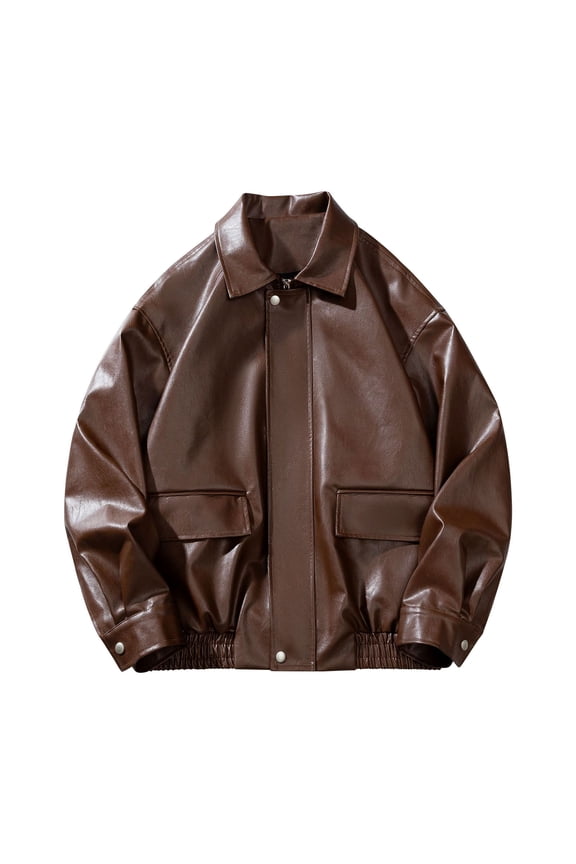 Mens Leather Jacket, Leather Motorcycle Jacket, Long Leather Jacket, Mens Motorcycle Solid Color Vintage Button Pocket Leather Long Sleeved Jacket