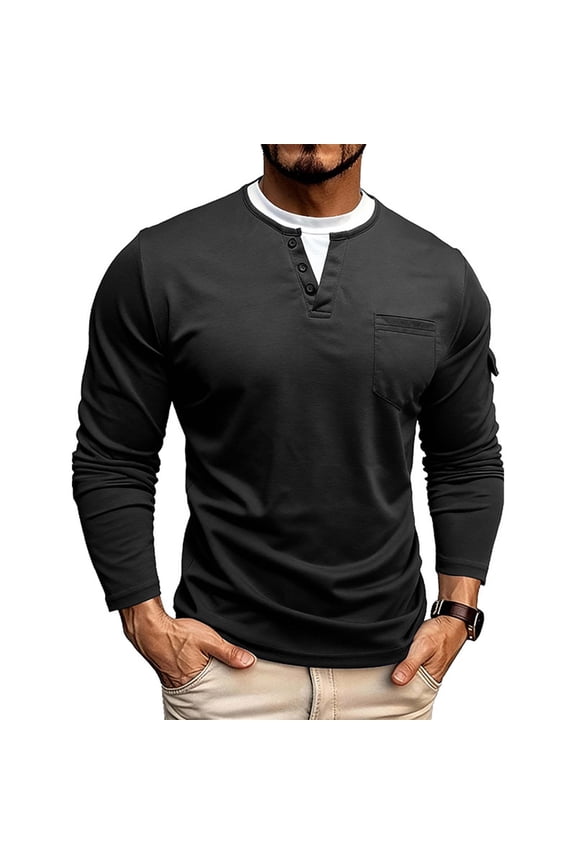 Mens Mock Two-Layer V-Neck Pullover, Solid Color Casual Long Sleeve Top with Button Detail & Pocket
