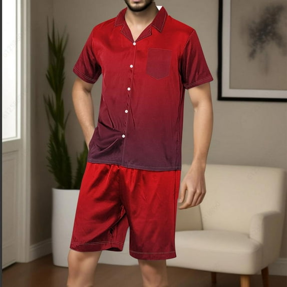 SDNall Mens Summer Pajamas Men's Fashionable Pajama Set - Short Sleeve Top and Shorts for A Comfortable Sleep (Red,Sizes：S-XXL)