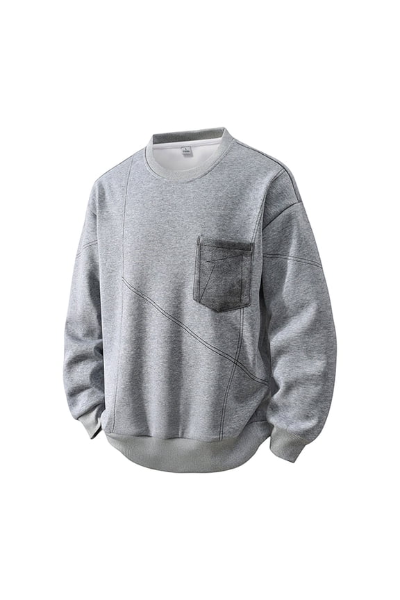 Mens Terry Sweatshirt, Solid Color Pullover with Chest Pocket, Casual Long Sleeve Top