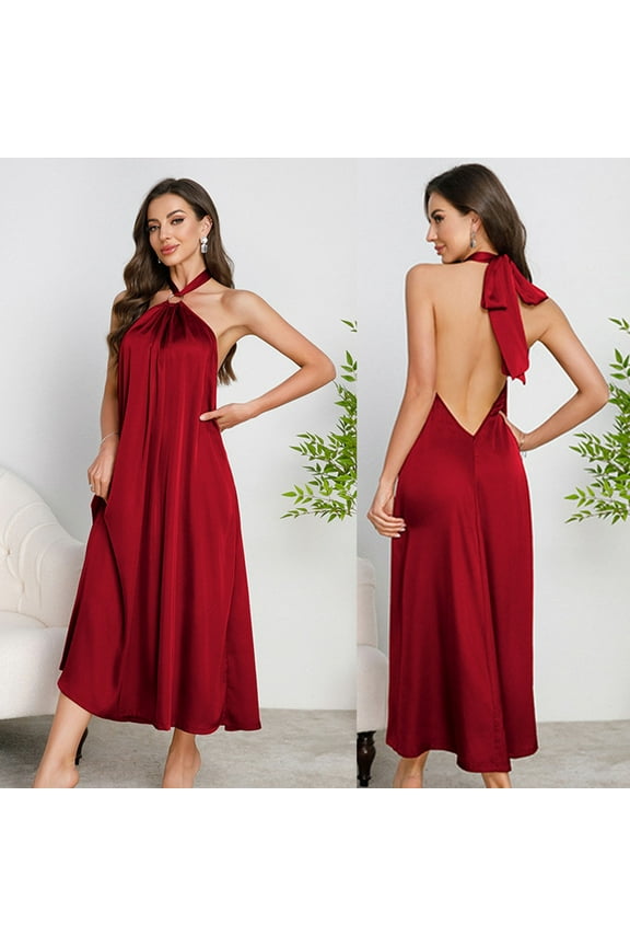 Nightgown for Women Halter Backless Long Satin Slip Dress with Solid Color, Sleepwear and Loungewear for Spring and Summer Evenings