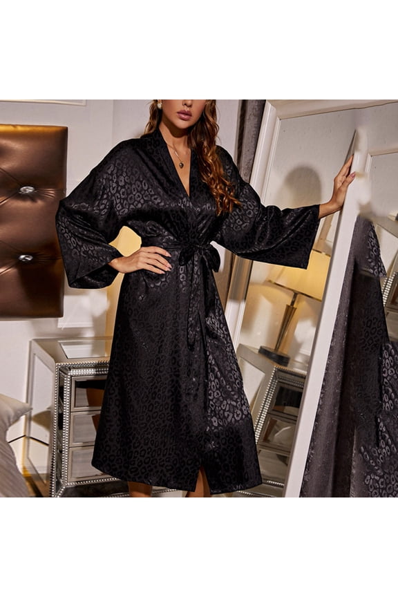 Nightgown for Women Ice Silk Long Sleeve with Belt and Floral Print, Soft Sleepwear for Lounge and Bed, Black Robe with Flip Collar