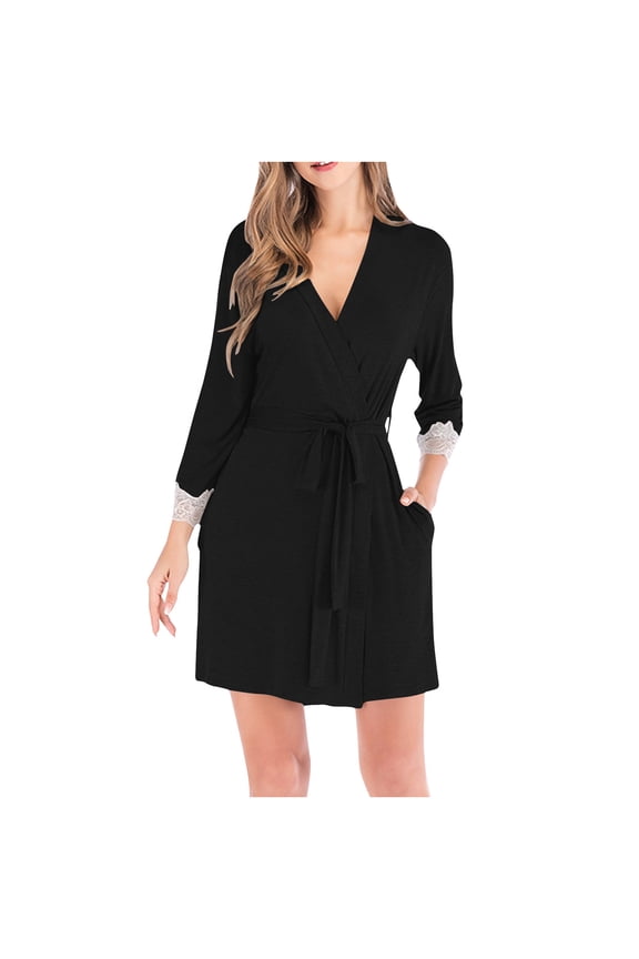 Nightgown for Women Open Collar with Lace Quarter Sleeves, Soft Modal Blend Robe for Home and Lounge, Includes Belt and Pockets