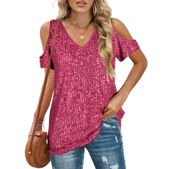 SDNall Off Shoulder Blouses for Women Off-The-Shoulder Short Sleeve V-Neck Solid Color Tops ,Sizes：S-2XL