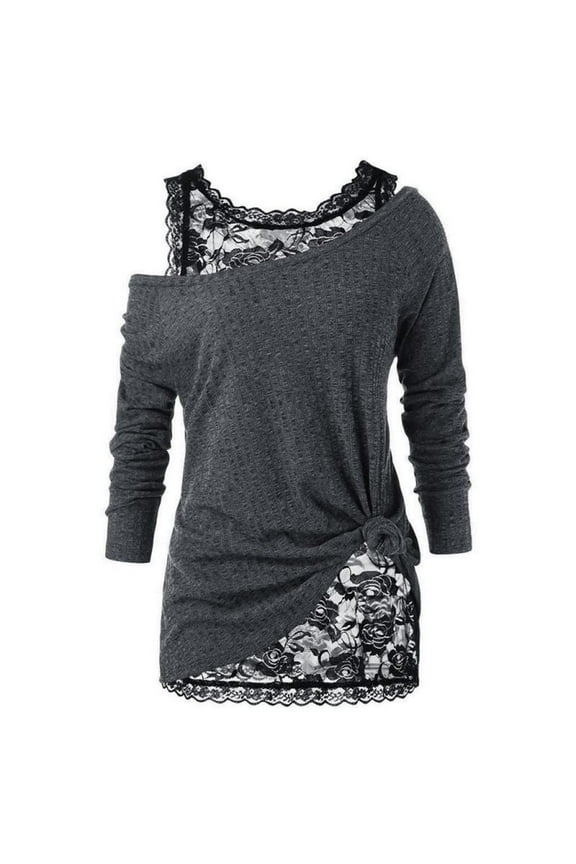 Off The Shoulder Tops for Women Lace Bottom Shirt Round-Neck Lace Bottoming Crew Neck Shirt Two Piece Set Recreational Sleeve Tops Lace Blouses for Women (Gray,Sizes:S-2XL)