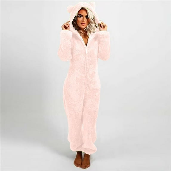 SDNall One Piece Pajamas for Women Long Sleeve Hooded Jumpsuit Pajamas Casual Winter Warm Rompe Sleepwear (Pink, Sizes S-XXXXXL)
