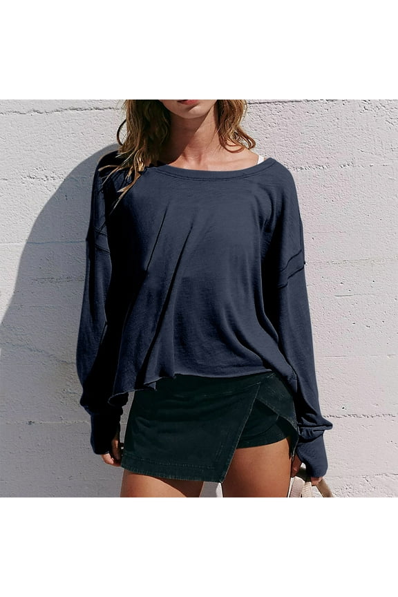 Open Back Workout Sweatshirts for Women Backless Long Sleeve Crewneck Sweatshirts Running Crop Top Cutout Back Hem Athletic Gym Yoga Tee with Thumb Hole (S-XXL,Navy)