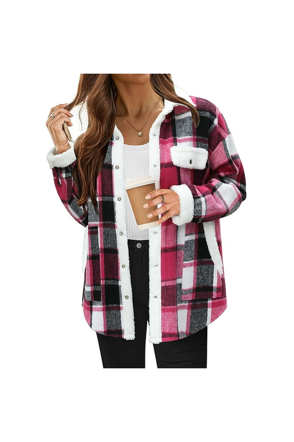 Oversized Flannel for Woman Plaid Jackets for Women Flannel Quilted Shacket Coats Oversized Button Down Shirts Jacket Womens Fall Fashion Coats (S-XXL,Hot Pink)