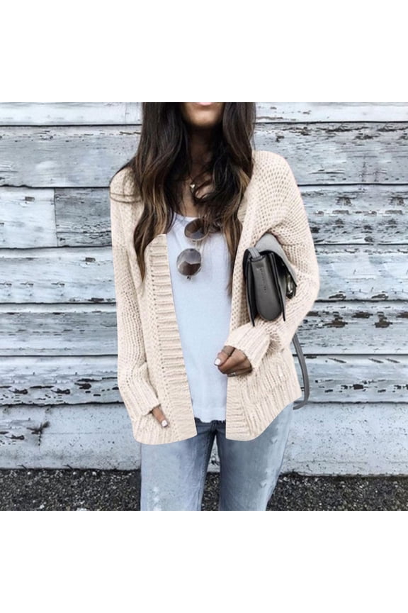 Oversized Fold Over Sleeve Open Front Cardigan with Pocket Solid Color Knitted Pocket Cardigan Sweater Loose Knit Cardigan Jacket (S-3XL,Khaki)