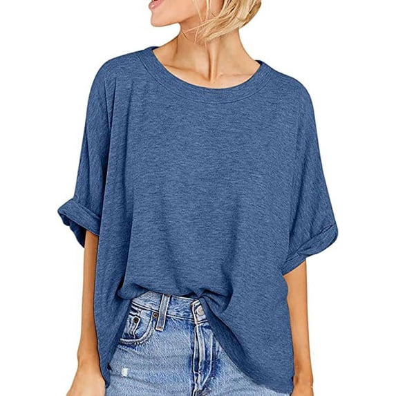 SDNall Oversized T-Shirt for Women Casual Loose Fit 5/4 Sleeve Short Solid Color Tee Summer Tops