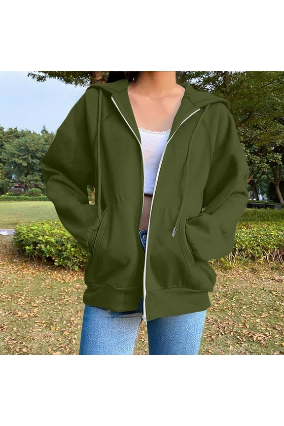 Oversized Zip Up Hoodie,Women’S Vintage Solid Drawstring Hoodies 90S Sweatshirt Basic Jacket With Pockets