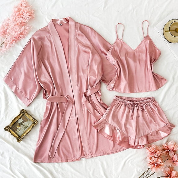 SDNall Pajama Set for Women 3-Piece Simulated Silk Loungewear with Robe Long Sleeve Solid Color Home Sleepwear Comfortable and Soft