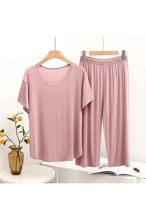 Pajama Set for Women Modal Blend Short Sleeve and Capri Pants Loungewear Two-Piece Soft Solid Color Home Wear