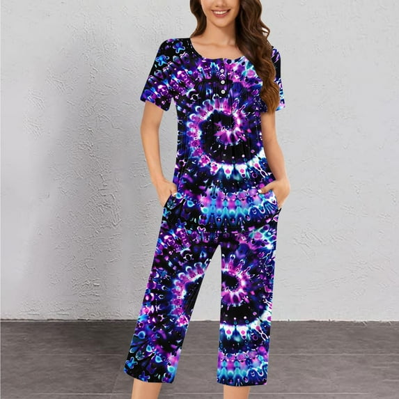 SDNall Pajama Set for Women, Short Sleeve Round Neck Sleepshirt and Pants with Pockets, 2-Piece Loungewear for Sleepovers and Relaxation at Home