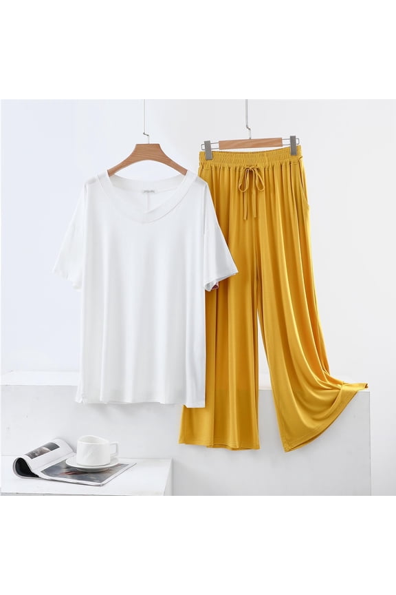 Pajama Set for Women V-Neck and Wide-Leg Pants Two-Piece Modal Blend Loungewear Soft Sleepwear and Home Wear Outfit