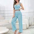 thumbnail image 1 of SDNall Pajama Set for Women with Lace Trim and Flutter Sleeves, Solid Color Two-Piece Loungewear with Suspenders for Home and Sleep, 1 of 9