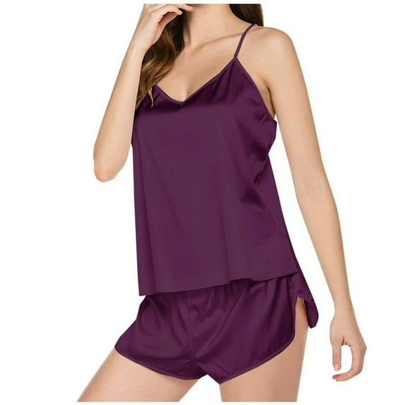 SDNall Pajamas for Women Set V-Neck Sling Tank Shorts Home Suit Camisole Pajamas Shorts Set (Purple,Sizes:S-XL)