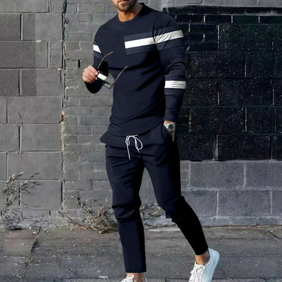 SDNall Pants for Men, Suits for Men, Mens Casual Pants, Men Casual Round Neck Patchwork Printing Long Sleeve Blouse and Pants Trousers Suit, Trousers for Men, Sleeves for Men