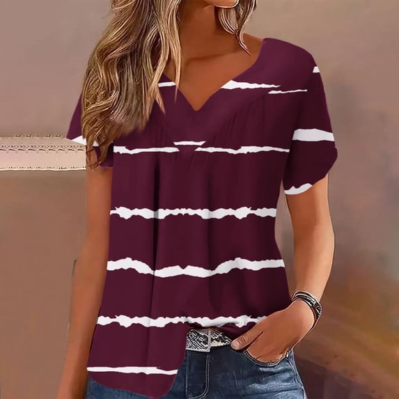 SDNall Plus Size Loose Fitting Tops for Women Plus Size Short Sleeves V-Neck Print Blouse Pullover Tops (Wine,Sizes:S-5XL)