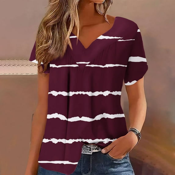 SDNall Plus Size Loose Fitting Tops for Women Plus Size Short Sleeves V-Neck Print Blouse Pullover Tops (Wine,Sizes:S-5XL)