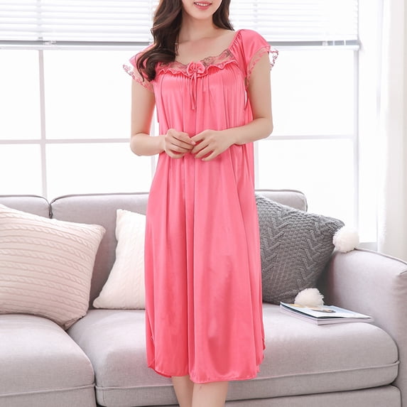 SDNall Plus Size Short Sleeve Summer Dress with Lace Trim, Cool-Touch Knee-Length Nightgown for Women, Soft Sleepwear Loungewear