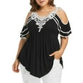 thumbnail image 1 of SDNall Plus Size Off The Shoulder Tops for Women Lace Neckline & Lace Straps Tops Fashion Plus Size Tiered Lace Appliques Cold Shoulder V-Neck T-Shirt Tops Womens Lace Shirt (Black,Sizes:XL-5XL), 1 of 9