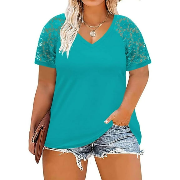 SDNall Plus Size Summer T-Shirt for Women Loose Fit Casual T-Shirt Solid Color Lace V-Neck Short Sleeve Pullover T-Shirt (Blue,Sizes:XL-5XL)