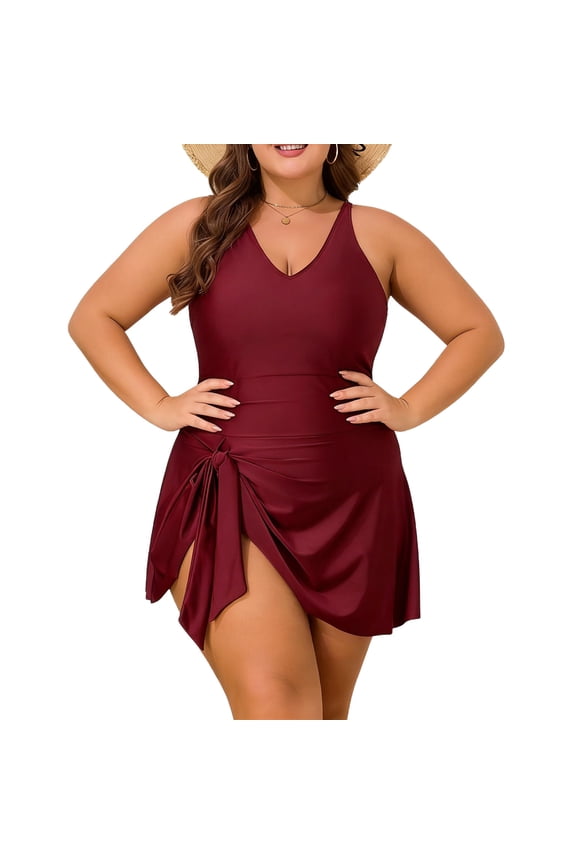 Plus Size Swim Top, Women's Tankini Top with V Neck, Solid Color Sleeveless Swimwear for Adults, Soft Matte Fabric Bathing Suit Cover Up