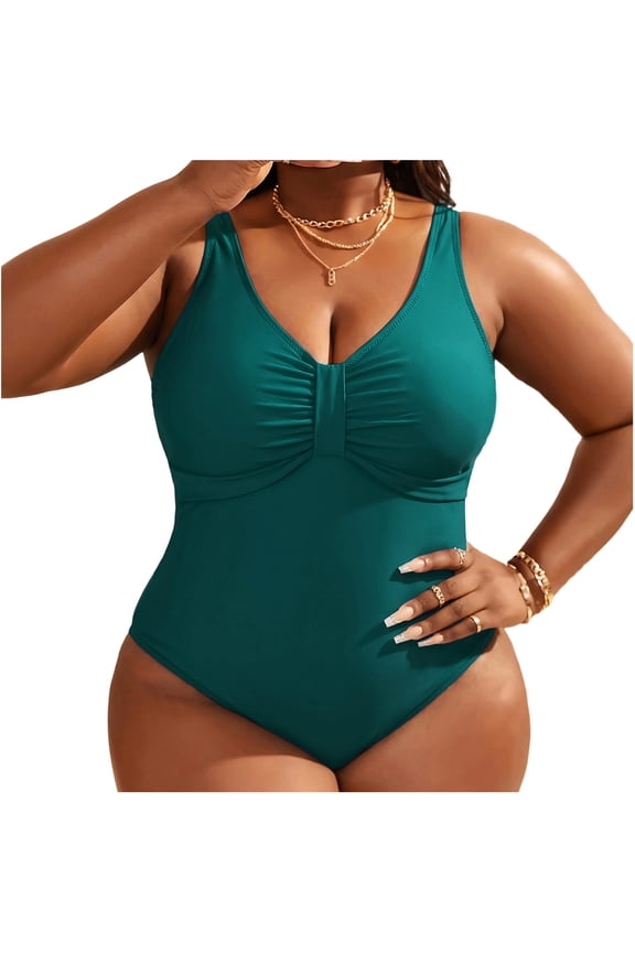 Plus Size Swimsuit for Women, Conservative Sling Chest Fold Design with Adjustable Straps, Quick-Drying Fabric and UPF 50+ Sun Protection