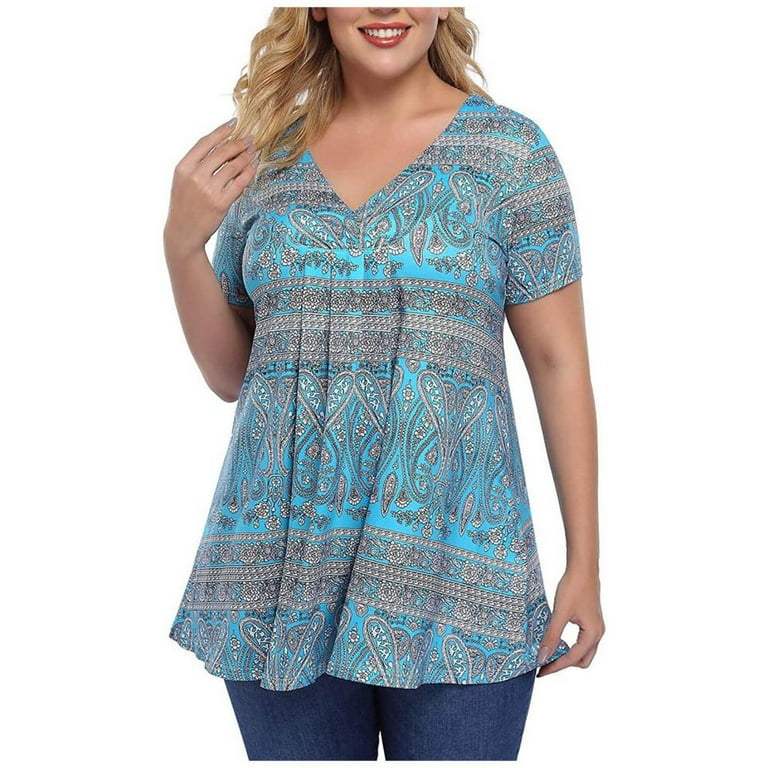 SDNall Plus Size Tunics for Women Tops Short Sleeve Printed V Neck Boho Tunic Tops Gray Sizes L 6XL Walmart