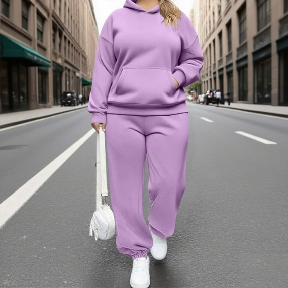 SDNall Plus Size Women Fashion Round-Neck Long Sleeve Hooded Pullover Tops Sweatshirt Pocket Sweat Pants Casual Suit Sets