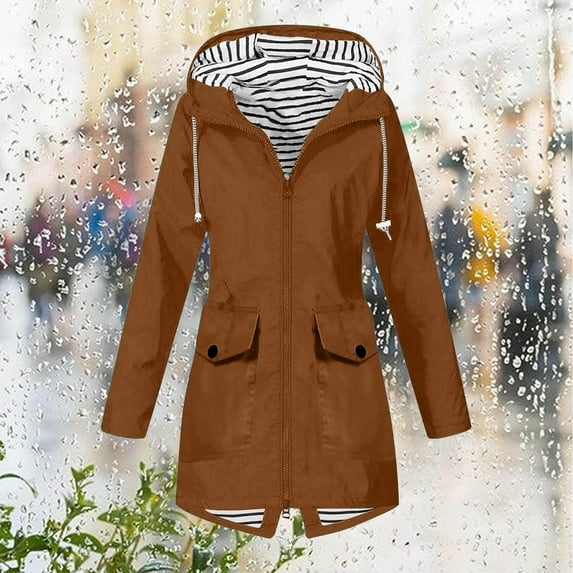 SDNall Rain Jacket Women 2024 Fall Lightweight Waterproof Raincoat Windbreaker Jacket Outdoor Hooded Trench Coats (S-XXXXXL,Coffee)